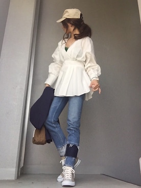 「ぺプラムトップス」｜「アイテム（キャップ）」を使った、cheryさん（レディース・156cm）の春コーディネート