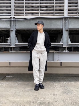 「MONKEY TIME（モンキータイム）のアイテム（チェスターコート）」を使った、Tomohiro Gunjiさん（メンズ・172cm）の冬コーディネート