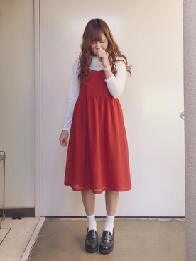 「OZOC（オゾック）のアイテム（ワンピース、オレンジ系）」を使った、yuka ♪さん（レディース・163cm）の冬コーディネート