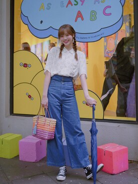 「niko and...（ニコアンド）のレトロパターンアロハシャツ（シャツ/ブラウス、ベージュ系）」を使った、Hikariさん（レディース・175cm）の夏コーディネート