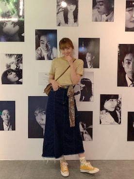 「Kastane（カスタネ）のテレコボーダーパイピングTシャツ（Tシャツ/カットソー、イエロー系）」を使った、Hikariさん（レディース・175cm）の秋コーディネート