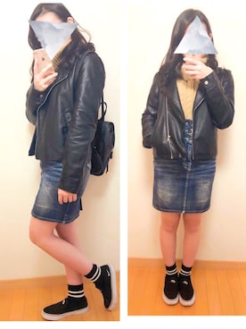 「RAY CASSIN（レイカズン）のアイテム（ライダースジャケット）」を使った、ＣＯＣＯさん（レディース・155cm）の秋コーディネート