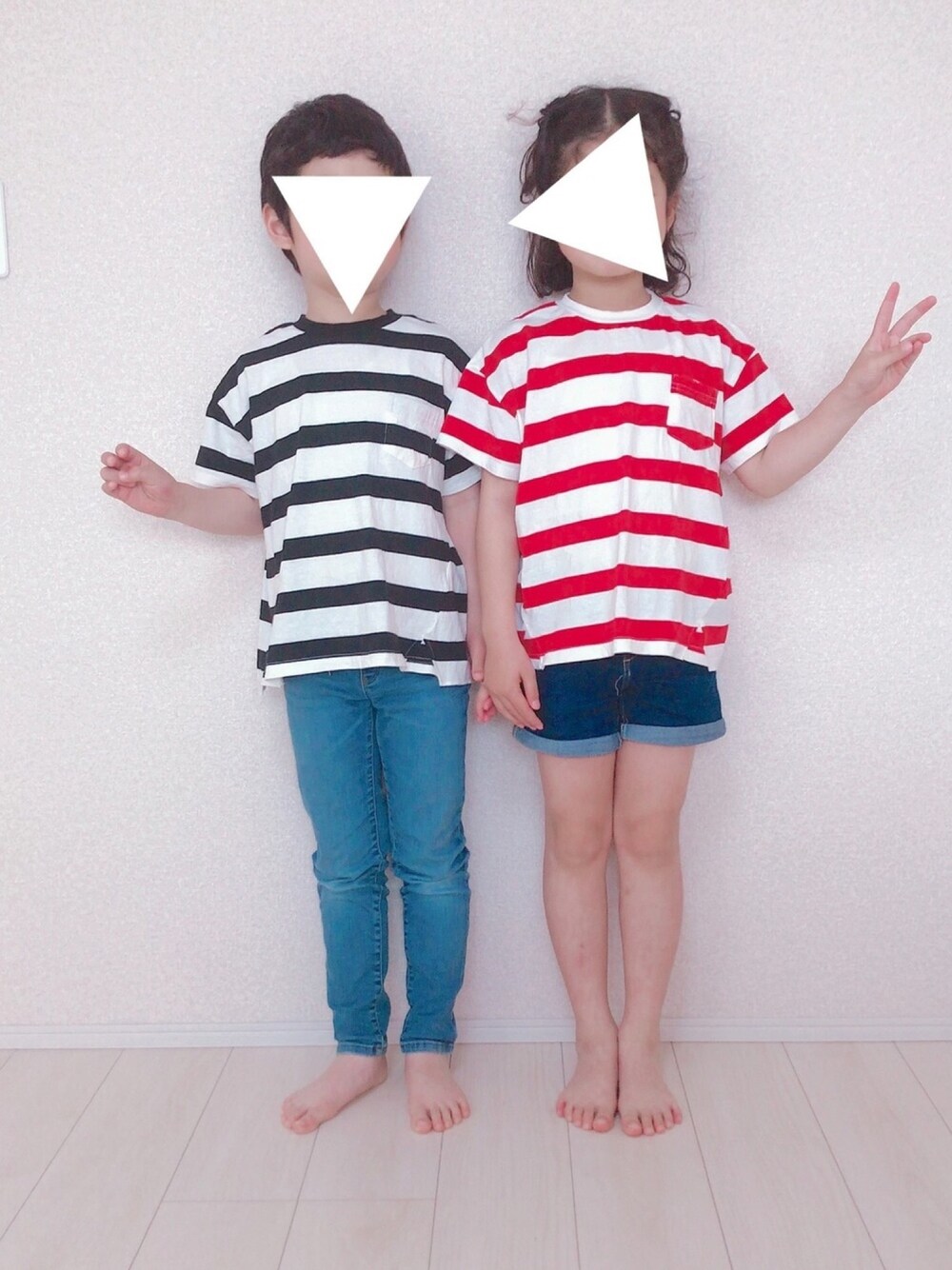 「姉弟、プチプラ、キッズコーデ、デニム、おそろいコーデ、キッズファッション、夏コーデ」｜「BREEZEのビッグシルエットボーダーTシャツ（Tシャツ/カットソー、ブラック系）」を使った、めるさん（キッズ・125cm）の春コーディネートの1枚目の写真