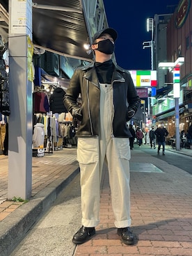 「ISAMU KATAYAMA BACKLASH（イサムカタヤマバックラッシュ）のアイテム（ライダースジャケット）」を使った、あかおさん（メンズ・171cm）の冬コーディネート