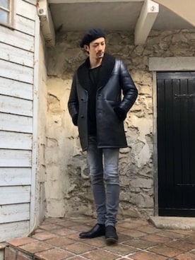 「ムートン」｜「アイテム（スリッポン）」を使った、MA-NAさん（メンズ・187cm）の冬コーディネート