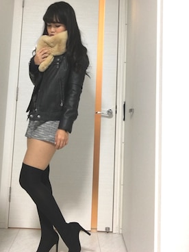 「ニーハイソックス」｜「アイテム（ライダースジャケット）」を使った、Marina【まりーな】さん（レディース・161cm）の秋コーディネート