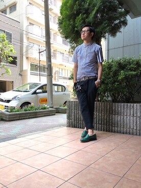 「アイテム（ローファー、グリーン系）」を使った、n@oyaさん（メンズ・174cm）の夏コーディネート