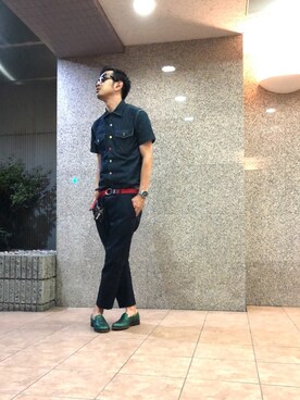 「アイテム（ローファー、グリーン系）」を使った、n@oyaさん（メンズ・174cm）の夏コーディネート