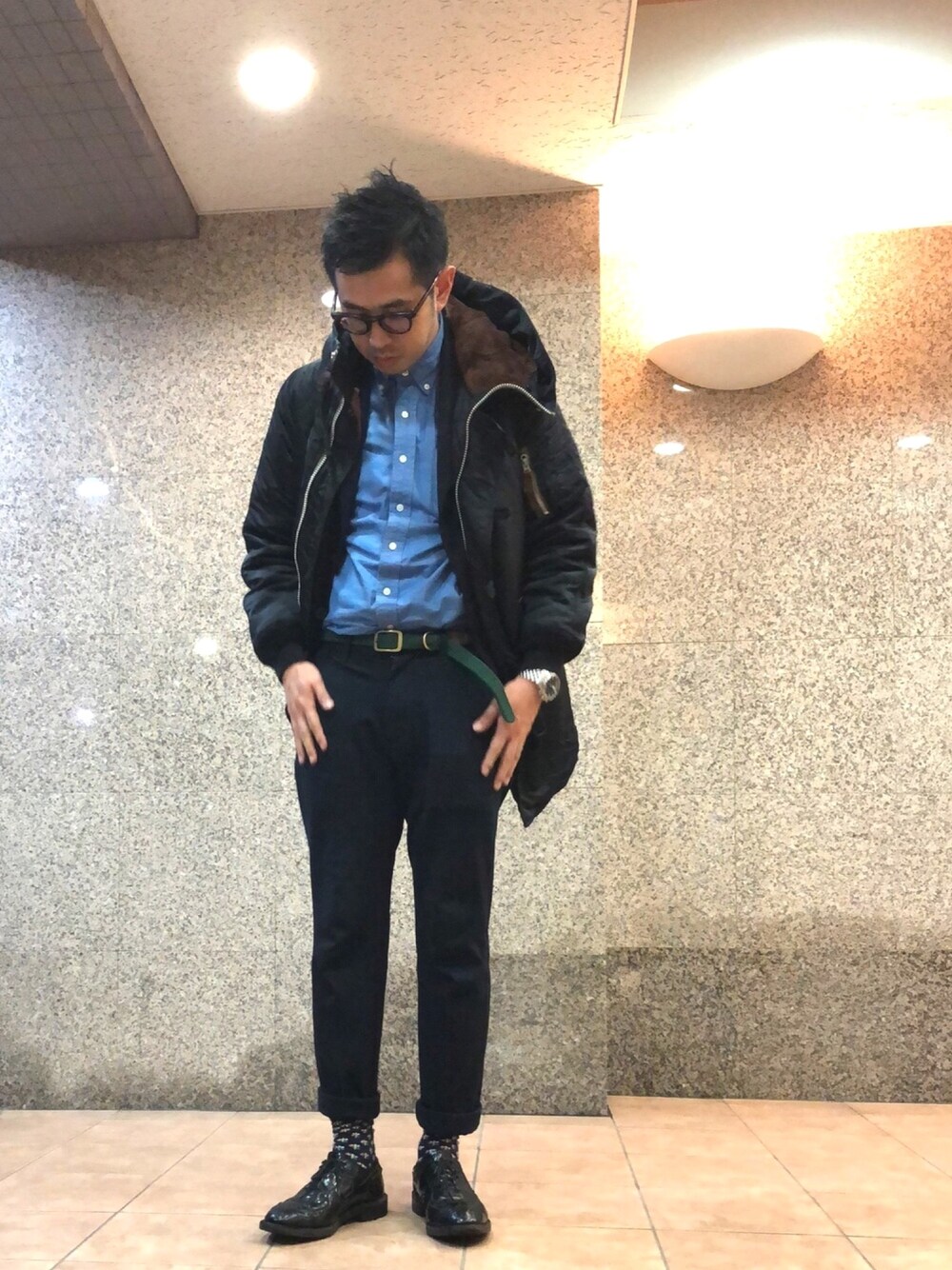 「大人カジュアル、ootd、ネイビー、セットアップ、冬コーデ、タックイン、N-3B」｜「GB SKINSのアイテム（ミリタリージャケット、ブルー系）」を使った、n@oyaさん（メンズ・174cm）の冬コーディネートの1枚目の写真