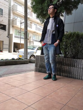 「アイテム（ローファー、グリーン系）」を使った、n@oyaさん（メンズ・174cm）の春コーディネート