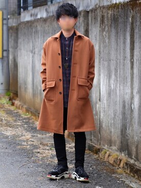 「リドム」｜「アイテム（ステンカラーコート）」を使った、KENJIさん（メンズ・168cm）の冬コーディネート