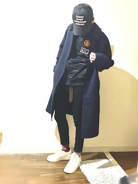 「サッカー」｜「アイテム（ステンカラーコート）」を使った、ガさん（メンズ・170cm）の冬コーディネート