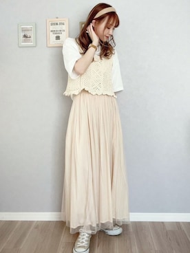 「ehka sopo（エヘカソポ）のかぎ針編みビスチェ（ニット/セーター）」を使った、𝚢𝚞𝚖𝚒𝚗𝚌𝚘.𓈒𓆸さん（レディース・154cm）の春コーディネート