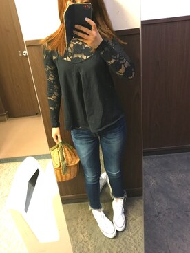 「Ungrid（アングリッド）のインディゴフレイドヘムストスリ（デニムパンツ）」を使った、azuさん（レディース・154cm）の春コーディネート