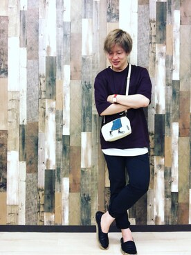 「GU（ジーユー）のアイテム（Tシャツ/カットソー、パープル系）」を使った、takahiroshishidoさん（メンズ・170cm）の夏コーディネート