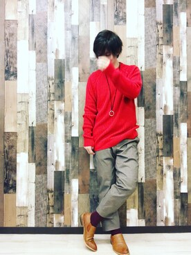 「ZARA（ザラ）のアイテム（ニット/セーター、レッド系）」を使った、takahiroshishidoさん（メンズ・170cm）の夏コーディネート