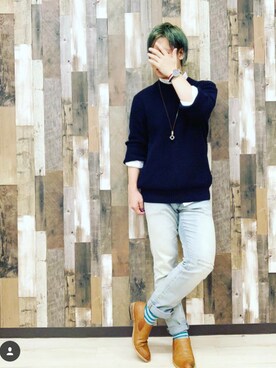 「GU（ジーユー）のアイテム（ニット/セーター、ブルー系）」を使った、takahiroshishidoさん（メンズ・170cm）の秋コーディネート