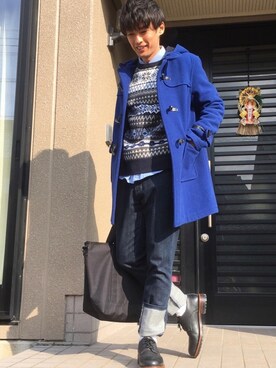 ダッフルコートを使った 青コーデ のメンズ人気ファッションコーディネート Wear