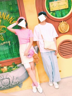 「17kgのアイテム（Tシャツ/カットソー、ピンク系）」を使った、miさん（レディース・164cm）の冬コーディネート