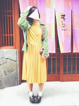「古着屋のアイテム（その他アウター、グリーン系）」を使った、miさん（レディース・164cm）の冬コーディネート