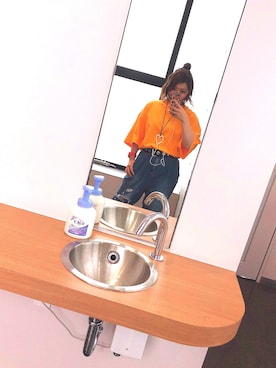 「UNIQLO（ユニクロ）のオーバーサイズスクエアＴ（5分袖）（Tシャツ/カットソー、イエロー系）」を使った、ひひひさん（レディース・153cm）の夏コーディネート