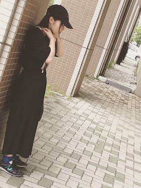 「Champion（チャンピオン）の【Champion/チャンピオン】 スクリプト刺繍ロゴ カラーツイルキャップ（キャップ、ブラック系）」を使った、ひひひさん（レディース・153cm）の夏コーディネート