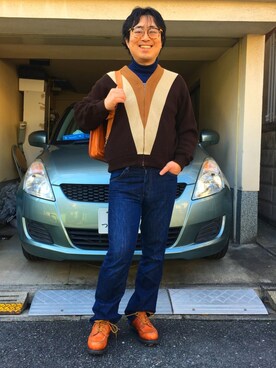 「アイテム（カーディガン/ボレロ、ブラウン系）」を使った、しゃちさん（メンズ・174cm）の冬コーディネート