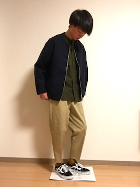 「ノーカラーシャツ」｜「アイテム（ブルゾン）」を使った、キノピーさん（メンズ・174cm）の春コーディネート