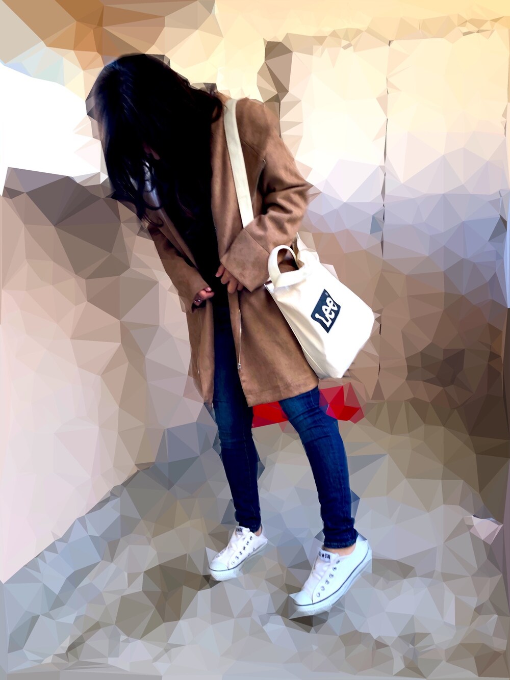 「冬のコーデ、休日スタイル、シンプル、プチプラ、スニーカー、converse、LEE、GAP、ブラウンコーデ、Bou Jeloud」｜「Leeのアイテム（ショルダーバッグ、ホワイト系）」を使った、momo*.さん（レディース・154cm）の冬コーディネートの1枚目の写真
