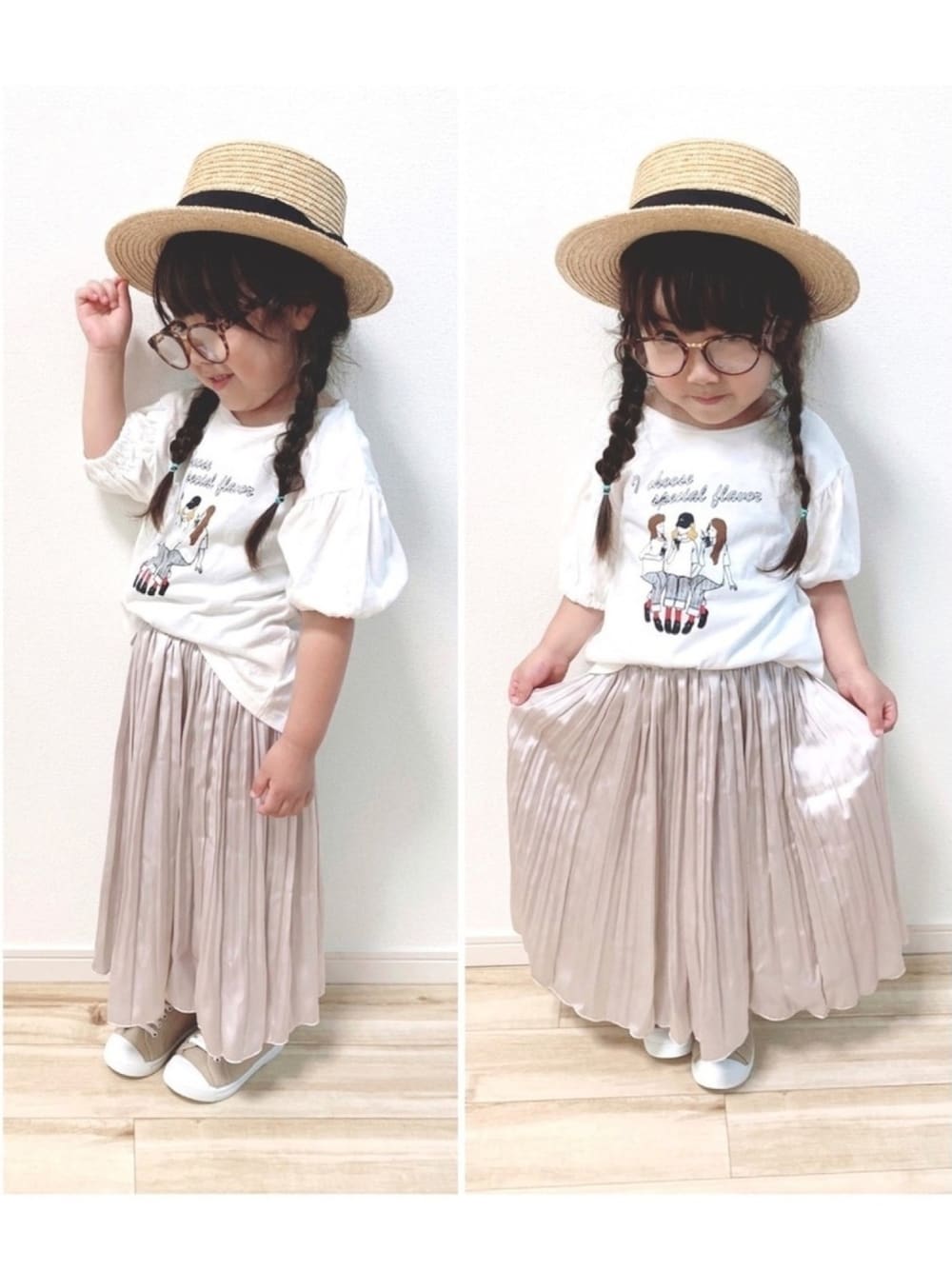「夏コーデ、キッズファッション、カンカン帽、ロングスカート、サテンスカート、タピオカ、三つ編み、麦わら帽子、ロゴT、Branshes」｜「BRANSHESのガールスプリントTシャツ（Tシャツ/カットソー、ホワイト系）」を使った、RMRさん（キッズ・90cm）の夏コーディネートの1枚目の写真