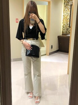 「ems excite（エムズエキサイト）のフレアーパンツ（Pants、ホワイト系）」を使った、りーさん（レディース・153cm）の夏コーディネート