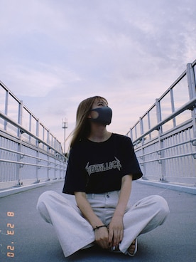 「H&M（エイチ・アンド・エム）のアイテム（T Shirts、ブラック系）」を使った、りーさん（レディース・153cm）の夏コーディネート