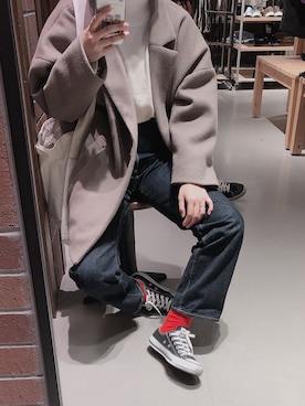 「GU（ジーユー）のアイテム（デニムパンツ、ブルー系）」を使った、◎ r i ◎さん（レディース）の冬コーディネート