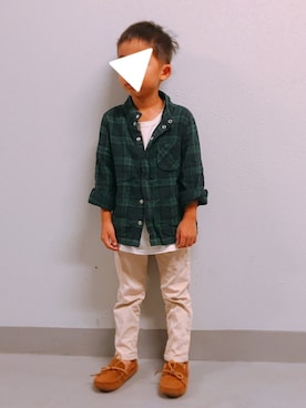 「アイテム（モカシン/デッキシューズ）」を使った、yuyuyunさん（キッズ・100cm）の秋コーディネート