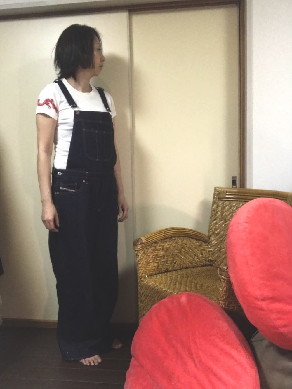 ホワイト系のTシャツ/カットソー、ブルー系のサロペット/オーバーオールを着用したレディースの夏コーディネートの1枚目の写真