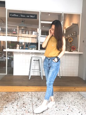 「アイテム（レインシューズ、ホワイト系）」を使った、默茉さん（レディース・152cm）の秋コーディネート