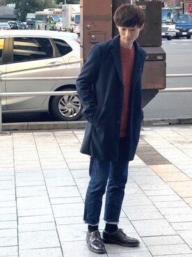 「Right-on（ライトオン）のアイテム（チェスターコート）」を使った、Right-on  TOKYOさん（メンズ・175cm）の冬コーディネート