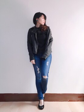 「TAIPEI」｜「アイテム（ライダースジャケット）」を使った、WendyJ.さん（レディース・153cm）の春コーディネート