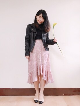 「flower」｜「アイテム（ライダースジャケット）」を使った、WendyJ.さん（レディース・153cm）の春コーディネート