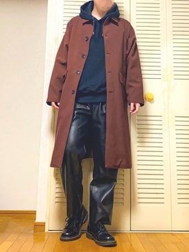 ステンカラーコートを使った ボルドー のメンズ人気ファッションコーディネート Wear