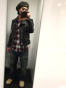 「ペインターパンツ」｜「アイテム（ライダースジャケット）」を使った、Jackさん（メンズ・171cm）の冬コーディネート