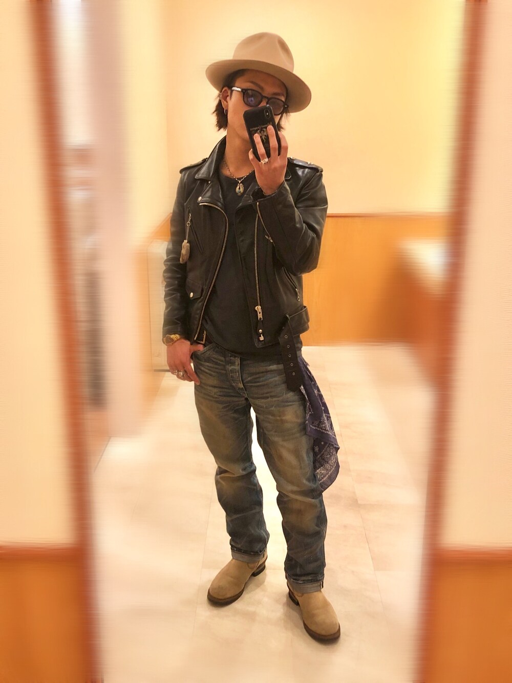 「春コーデ、休日スタイル、オトナカジュアル、ライダース、rrl、SCHOTT、STETSON、アメカジ、RED WING、Moscot」｜「schottの＜Schott(ショット)＞ ONE STAR RDS/ライダースジャケット（ライダースジャケット、ブラック系）」を使った、Jackさん（メンズ・171cm）の冬コーディネートの1枚目の写真