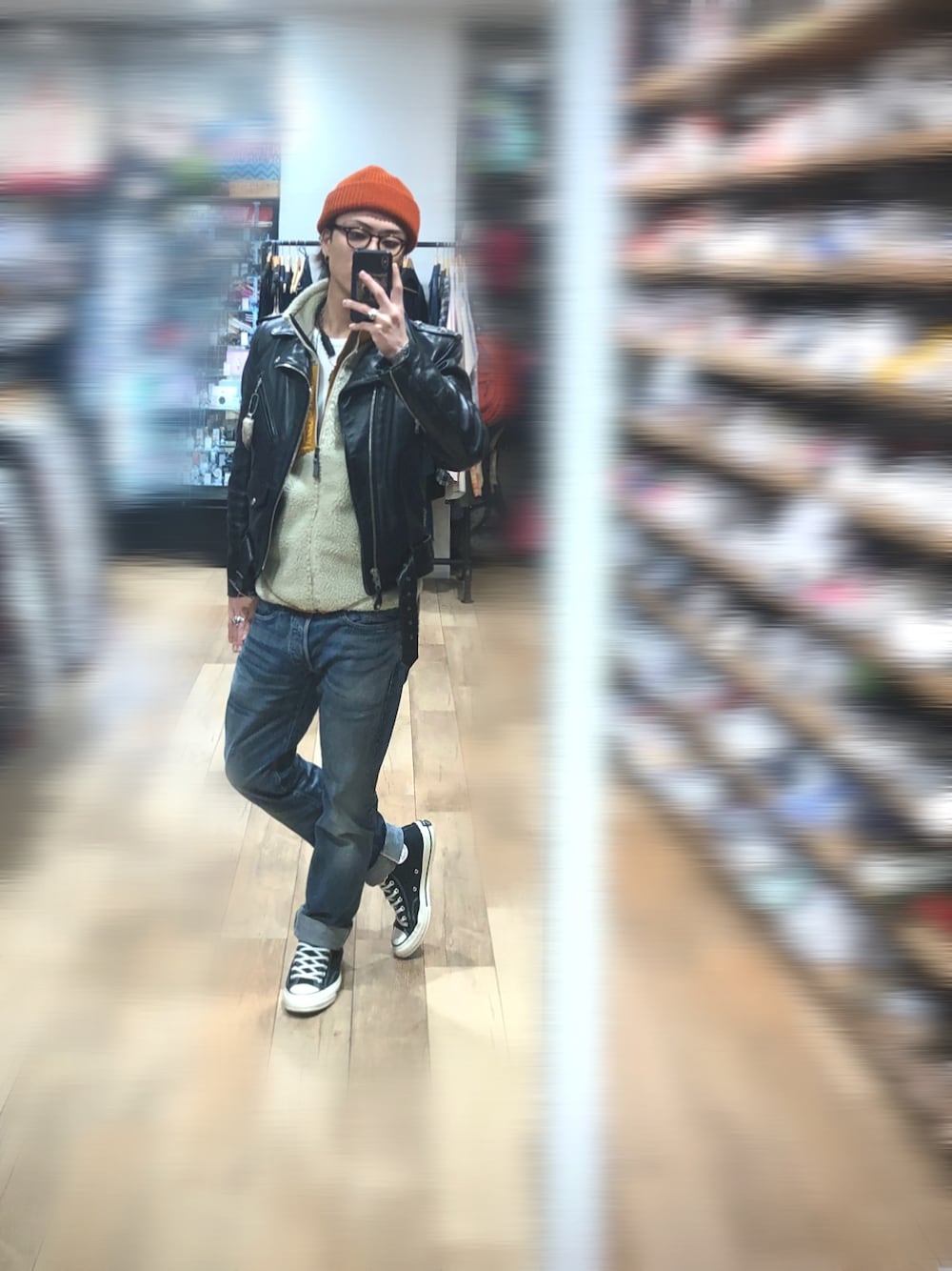 「冬コーデ、patagonia、レトロX、フリース、ライダースジャケット、アメカジ、SCHOTT、rrl、コンバース、オトナカジュアル」｜「schottの＜Schott(ショット)＞ ONE STAR RDS/ライダースジャケット（ライダースジャケット、ブラック系）」を使った、Jackさん（メンズ・171cm）の冬コーディネートの1枚目の写真