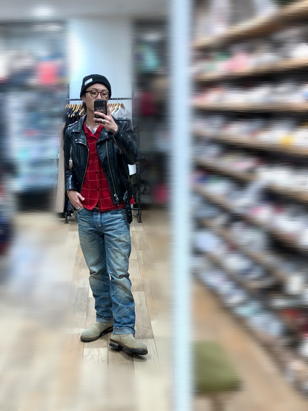 「秋冬コーデ、ライダース、チェック、TENDERLOIN、SCHOTT、デニム、rrl、RED WING、アメカジ、レザージャケット」｜「BronsonのWW2 USN Watch Cap（ニットキャップ/ビーニー、ブラック系）」を使った、Jackさん（メンズ・171cm）の冬コーディネートの1枚目の写真