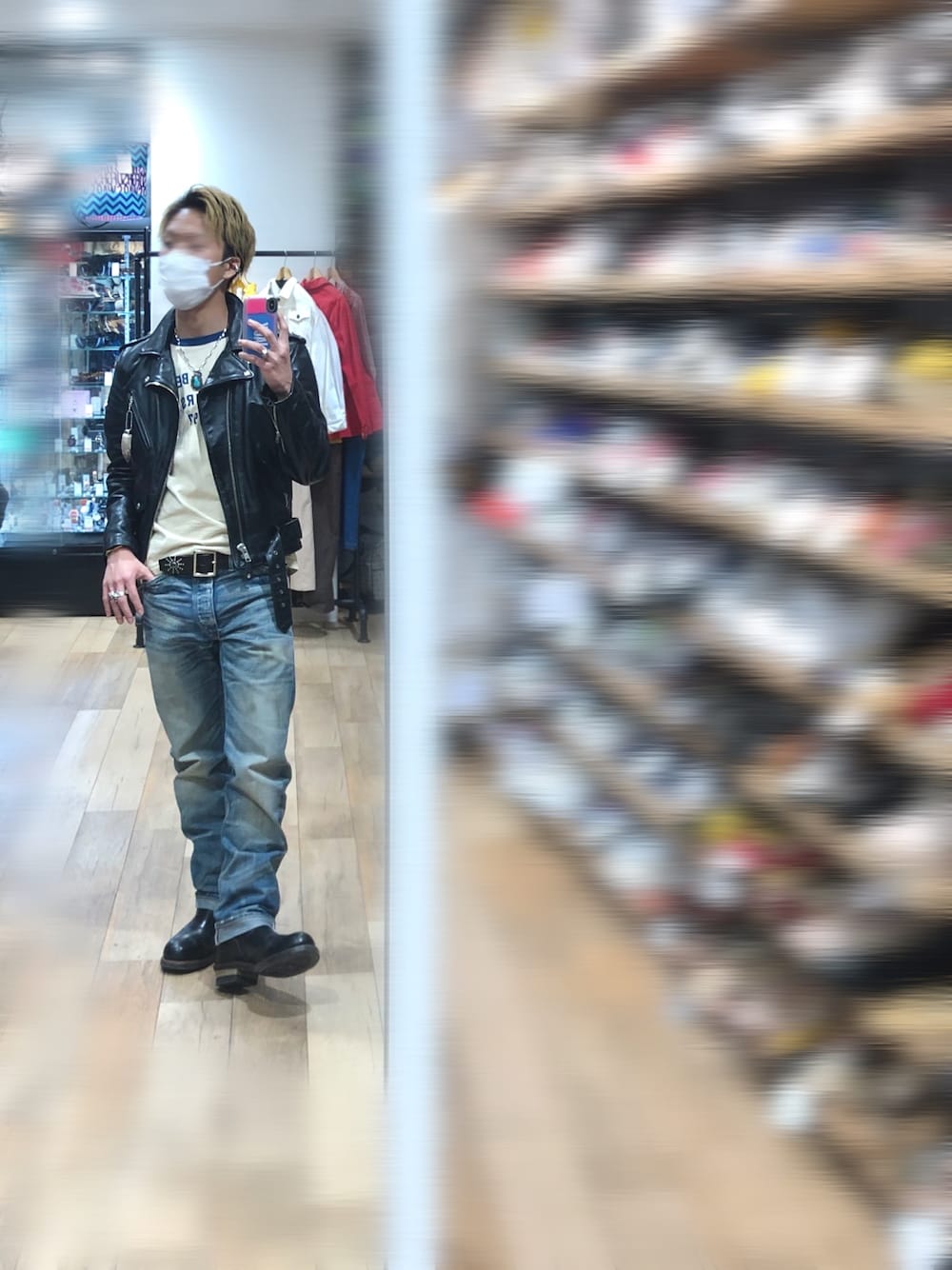 「カジュアルコーデ、はるコーデ、SCHOTT、ライダース、リンガーTシャツ、レザージャケット、rrl、デニム、RED WING、アメカジ」｜「Good OnのS/S Ringer Tee''BE-NICE''（Tシャツ/カットソー、ホワイト系）」を使った、Jackさん（メンズ・171cm）の春コーディネートの1枚目の写真