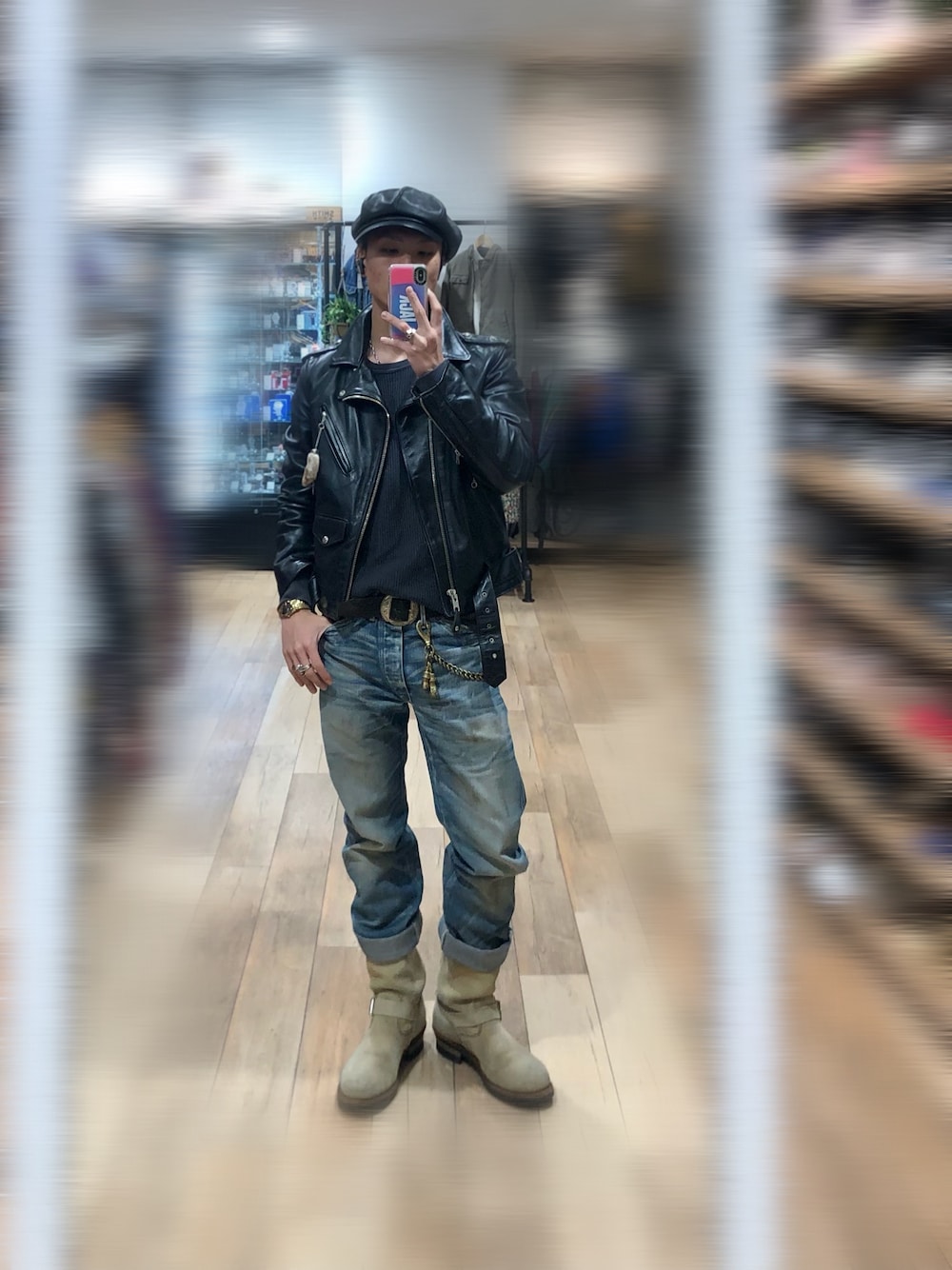 「秋服、SCHOTT、ライダース、サーマル、スタンダードカルフォルニア、rrl、Redwing、アメカジ、キャスケット、CA4LA」｜「schottの＜Schott(ショット)＞ ONE STAR RDS/ライダースジャケット（ライダースジャケット、ブラック系）」を使った、Jackさん（メンズ・171cm）の秋コーディネートの1枚目の写真