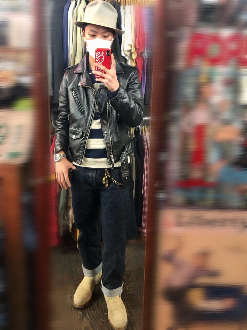 「秋冬コーデ、アメカジ、SCHOTT、ワンスター、ボーダー、リーバイス、RED WING、STETSON、ヴィンテージ、エンジニアブーツ」｜「schottの＜Schott(ショット)＞ ONE STAR RDS/ライダースジャケット（ライダースジャケット、ブラック系）」を使った、Jackさん（メンズ・171cm）の秋コーディネートの1枚目の写真
