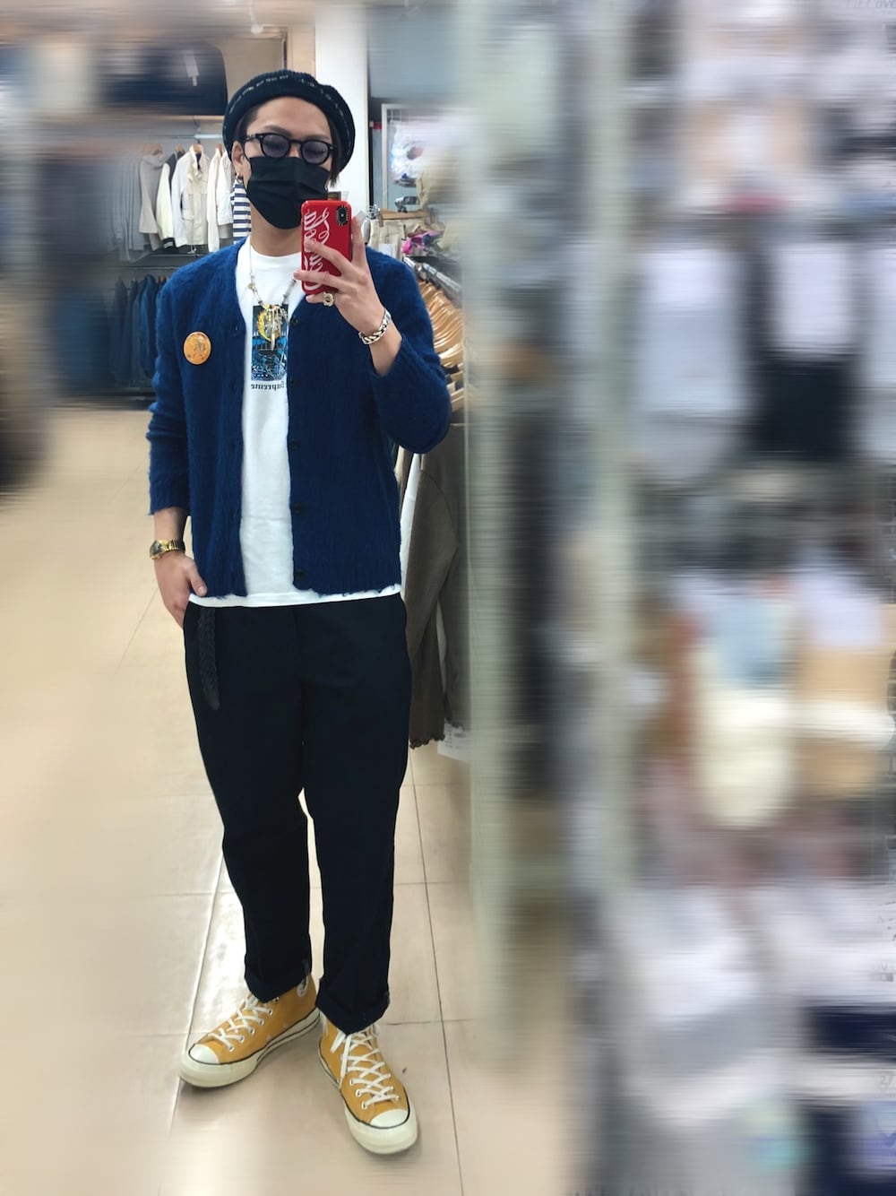 「春コーデ、モヘアカーディガン、supreme、marvel、Dickies、コンバース、BEDWIN & THE HEARTBREAKERS、ベレー帽、ラリースミス、春めきシューズ」｜「TOWNCRAFTのMohair Cardigan（カーディガン/ボレロ、ブルー系）」を使った、Jackさん（メンズ・171cm）の春コーディネートの1枚目の写真