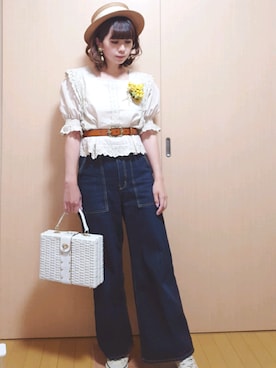 「アイテム（かごバッグ、ホワイト系）」を使った、lycka,さん（レディース・160cm）の春コーディネート
