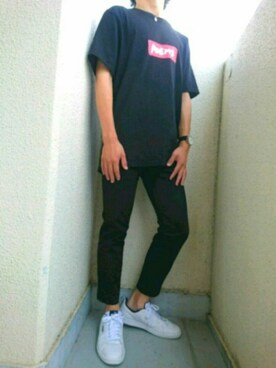 「POEMSのアイテム（Tシャツ/カットソー、ブラック系）」を使った、ゆうききさん（メンズ・162cm）の夏コーディネート